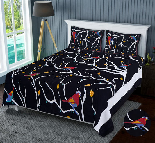 Sparrow Print Double Bedsheet with Pillow Covers